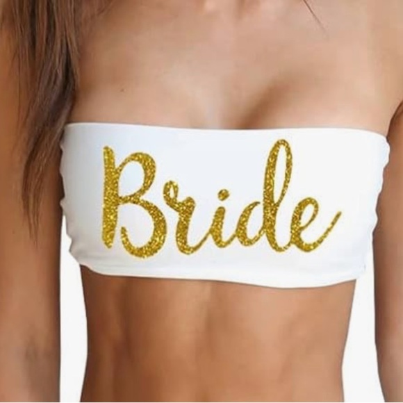 Bride strapless bandeau bikini top in white with gold script size large - Picture 1 of 8